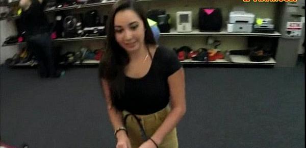  College girl flashes her tits at the pawnshop for money